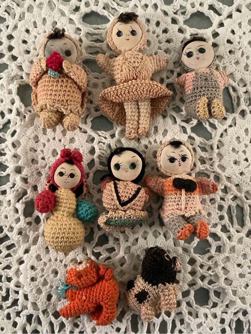 Miniature Crochet Chinese Dolls, Set of 8, Vintage